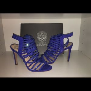 Embellished blue suede strappy high heeled sandals